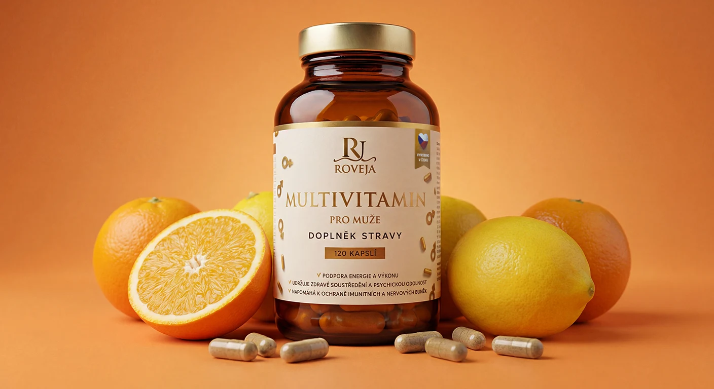 Multivitamin pro muže obklopený pomeranči a citrony na oranžovém pozadí, kapsle doplňku stravy v popředí – podpora imunity